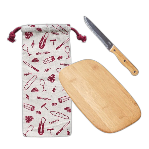 Set apéro (planche à découper, couteau à saucisson, sac à saucisson)