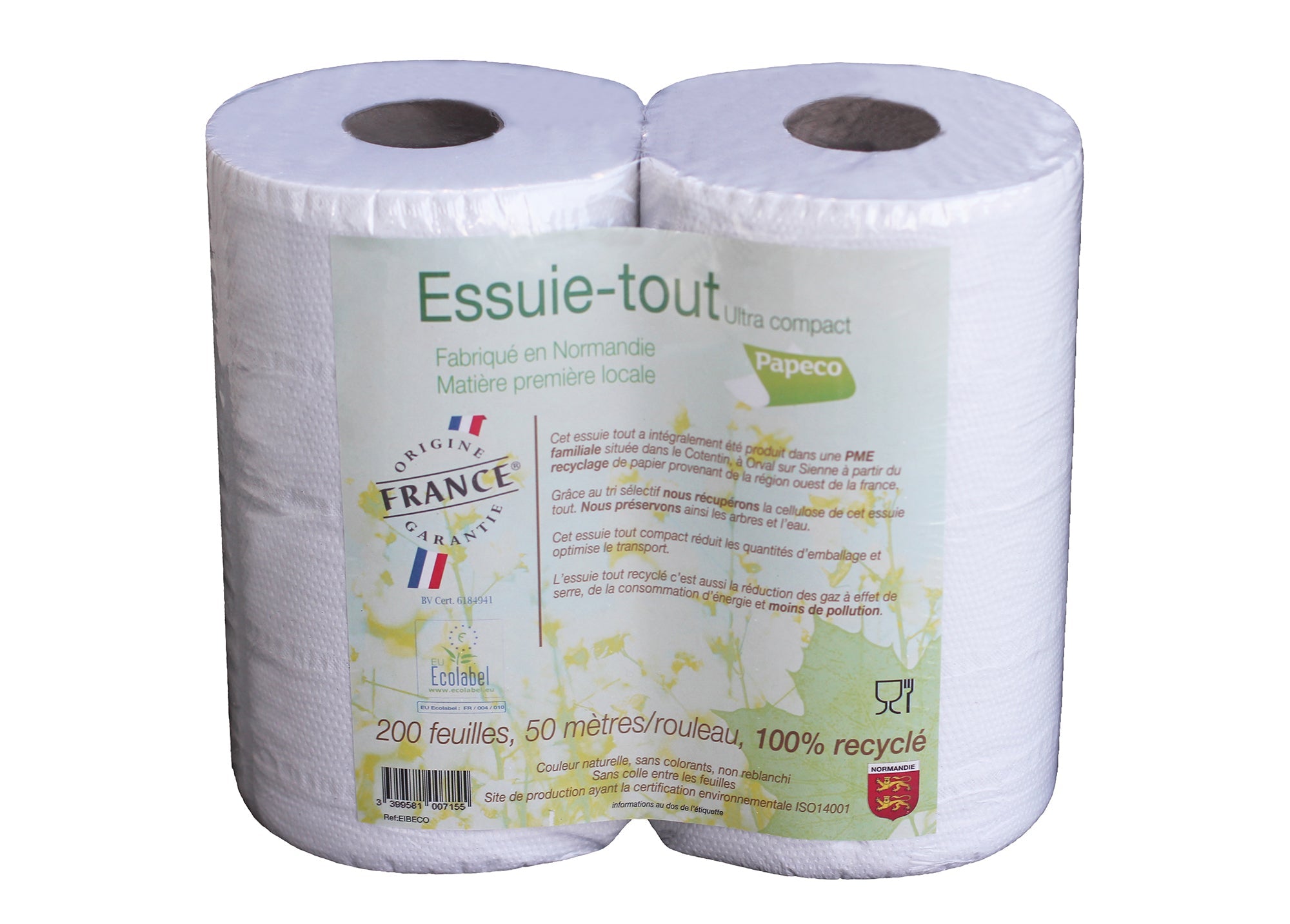 Essuie-tout recyclé français 2 plis écolabel - 2 rouleaux (de 200 feuilles chacun)