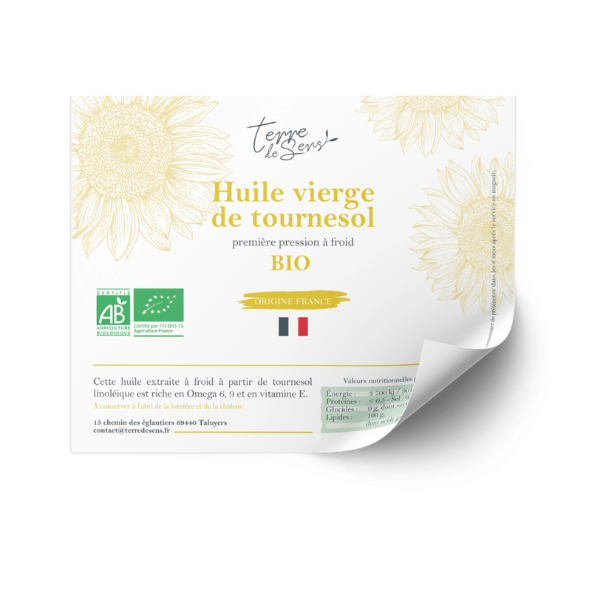 Contre-étiquette de l'huile de tournesol vierge france bio - Lot de 50