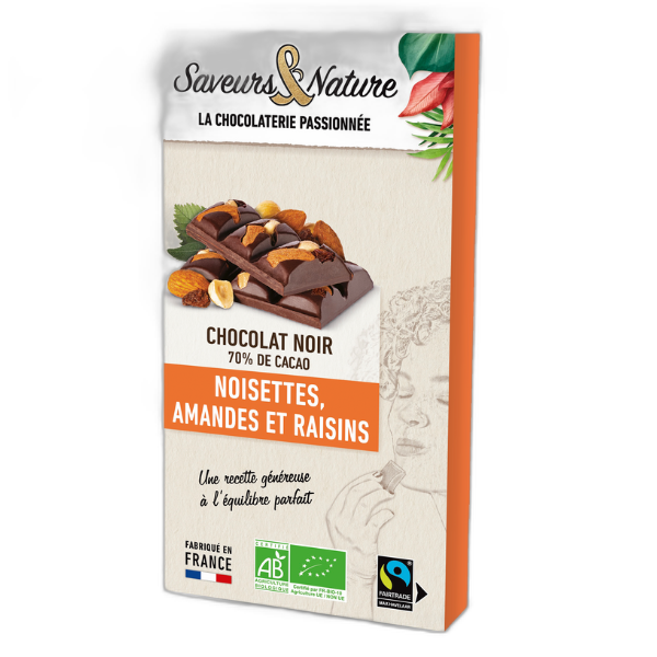 Tablette de chocolat noir bio 70% de cacao minimum amandes, noisettes et raisins secs - 80 g
