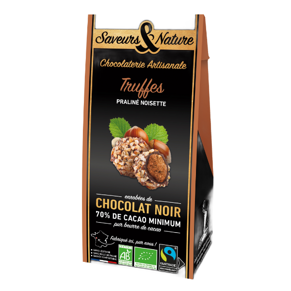 Ballotin de truffes praliné noisette enrobées de chocolat noir bio - 100 g