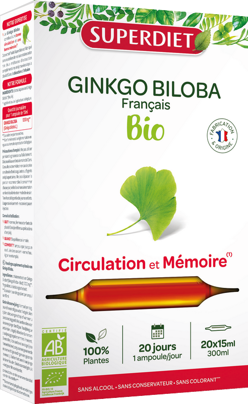 Ginkgo biloba bio (circulation mémoire) - 20 ampoules de 15ml
