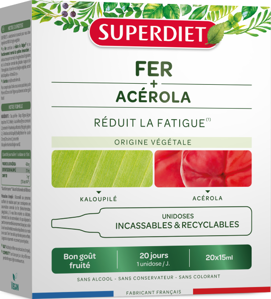 Fer et acérola goût fruité (réduit la fatigue) - 20 ampoules de 15ml