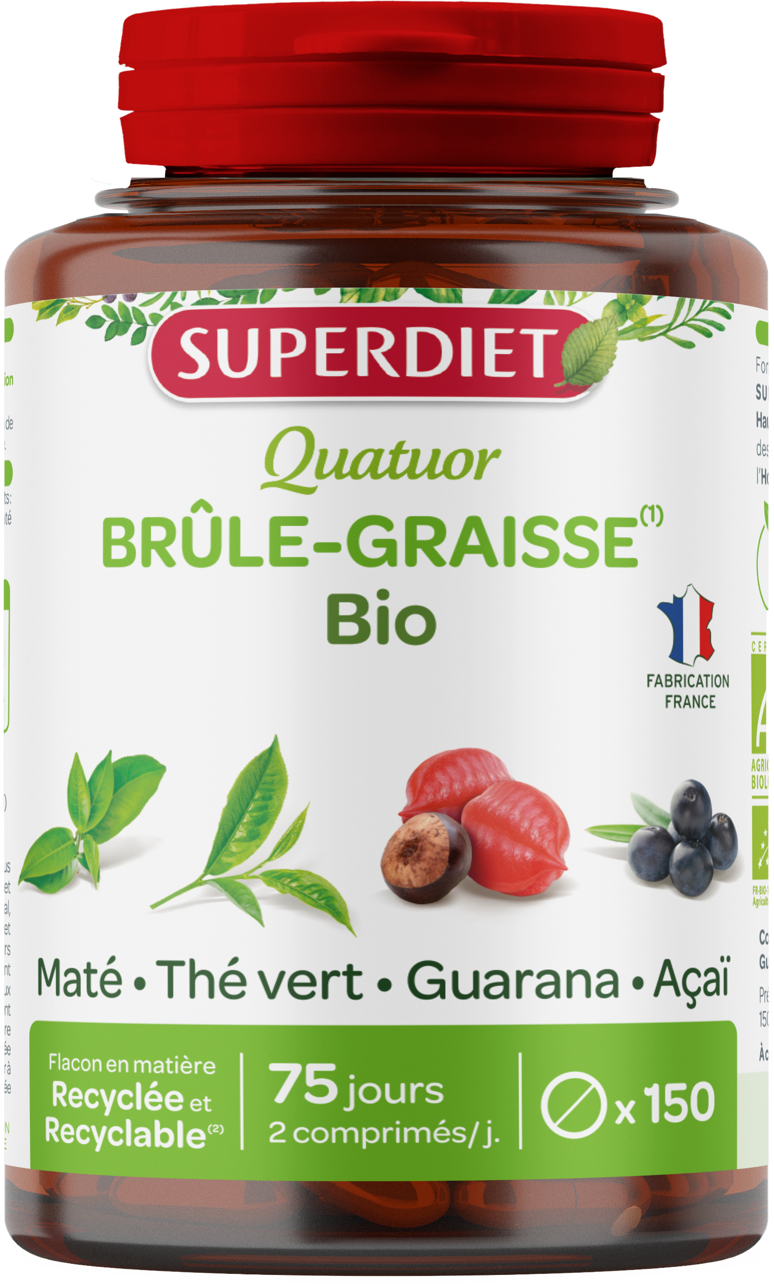 Quatuor brûle graisse bio (maté, guarana, thé vert, acaï) - 150 comprimés
