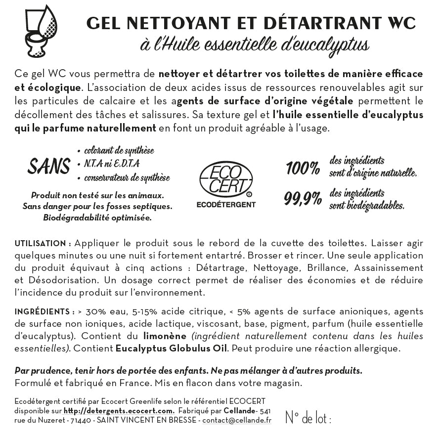 Contre étiquette gel nettoyant et détartrant wc à l'huile essentielle d'eucalyptus bib 10L - lot de 50