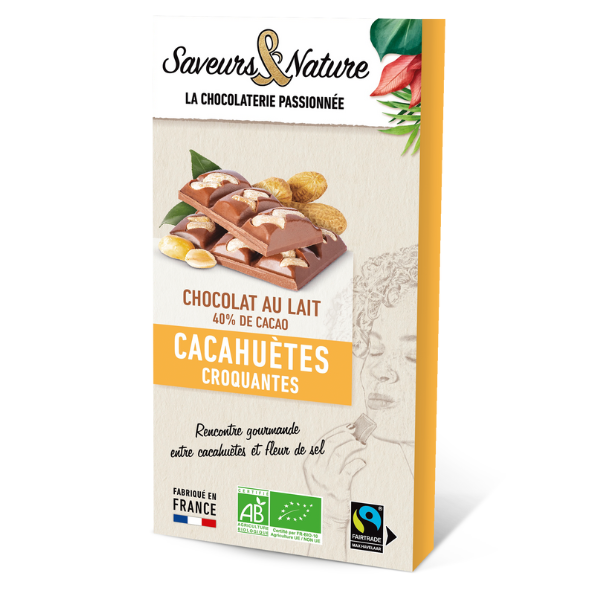 Tablette de chocolat au lait bio 40% de cacao minimum à la fleur de sel de noirmoutier cacahuètes - 80 g