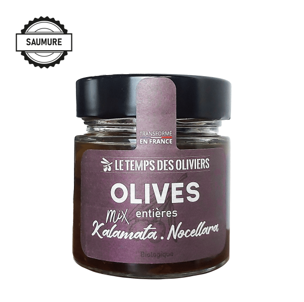Mix olives kalamata/nocellara entières bio (en saumure) - 110 g