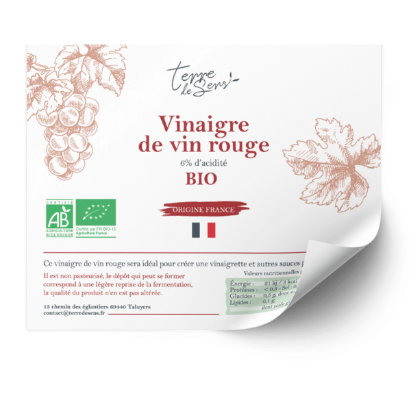 Contre-étiquette du vinaigre de vin rouge france bio - Lot de 50